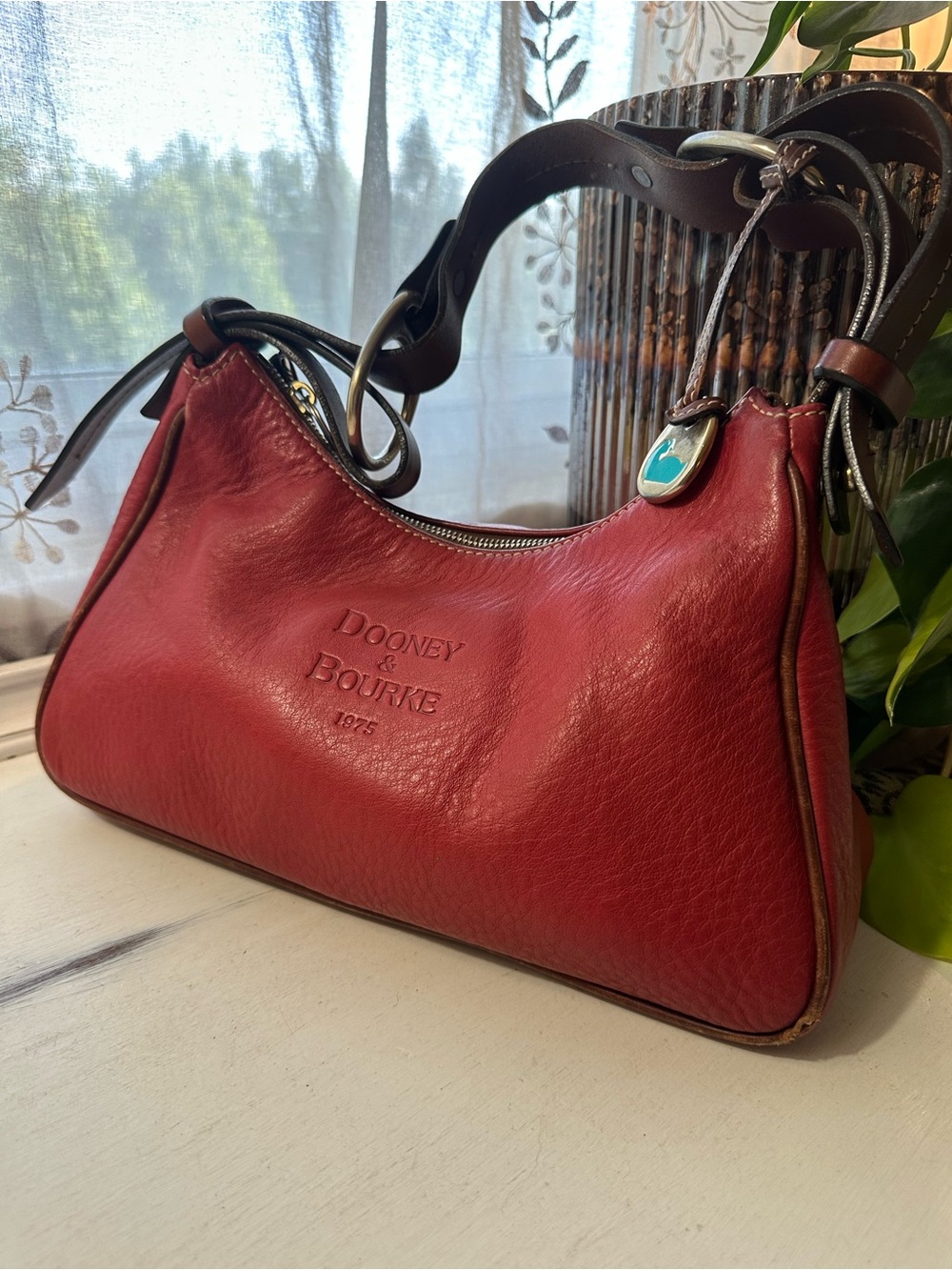 Dooney & Bourke Red Leather Shoulder Bag Thick Brown Leather Strap